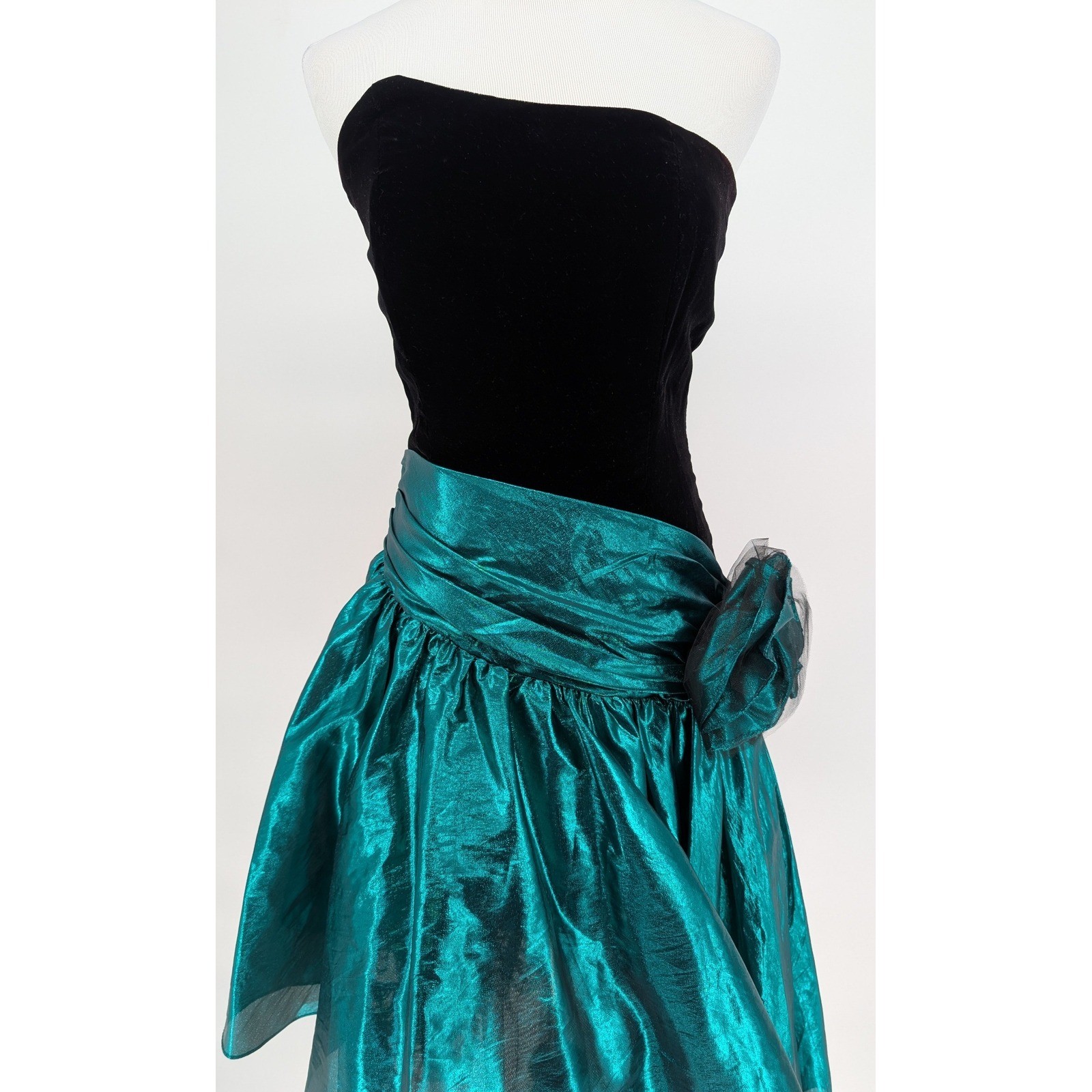 Vintage 80s Strapless Prom Dresses Teal Black Velvet Metallic Bow Glam Gowns