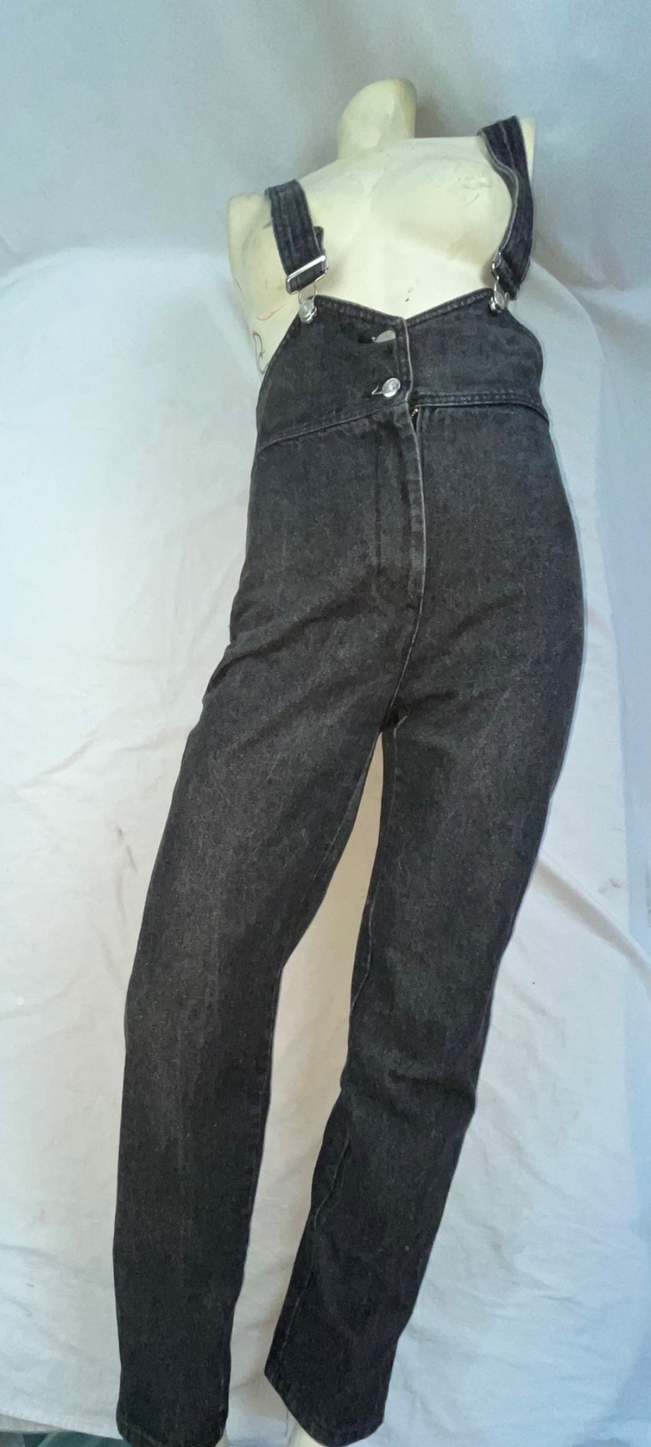 VTG 80S 90S WOMENS S BLACK FREDERICKS OF HOLLYWOOD STONE WASHED DENIM OVERALLS