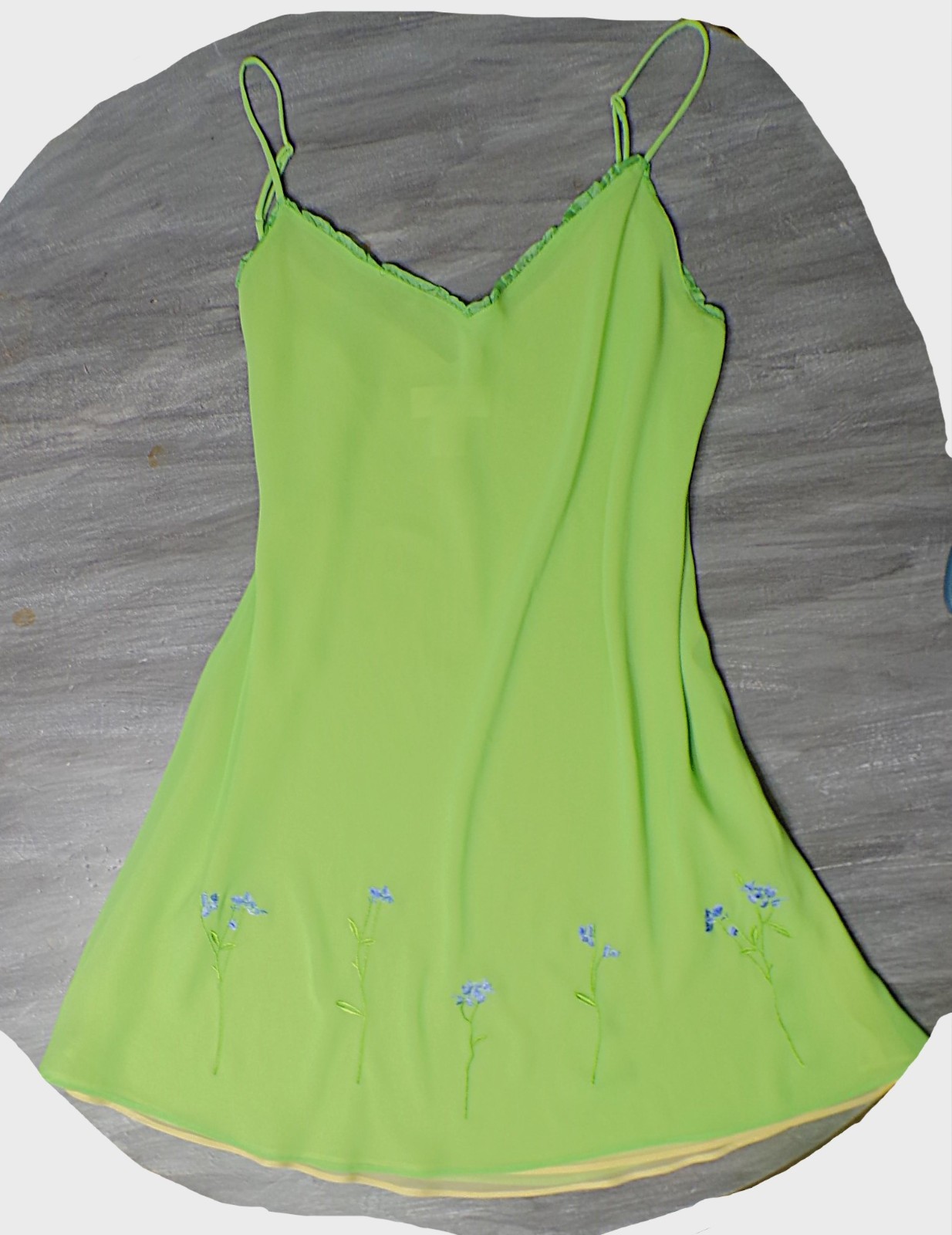 Vtg Slip Dress XL 2 pc Peignoir Chartreuse Purple Floral Embroidered Fairy Y2k