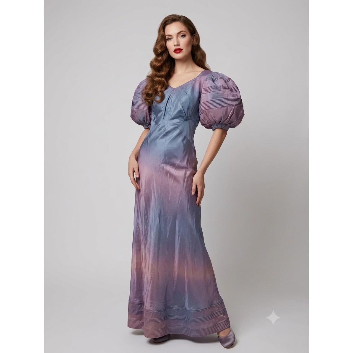 Rare Vintage 1930s Ombre Rayon Gown Puff Sleeve Old Hollywood Blue Purple Dress