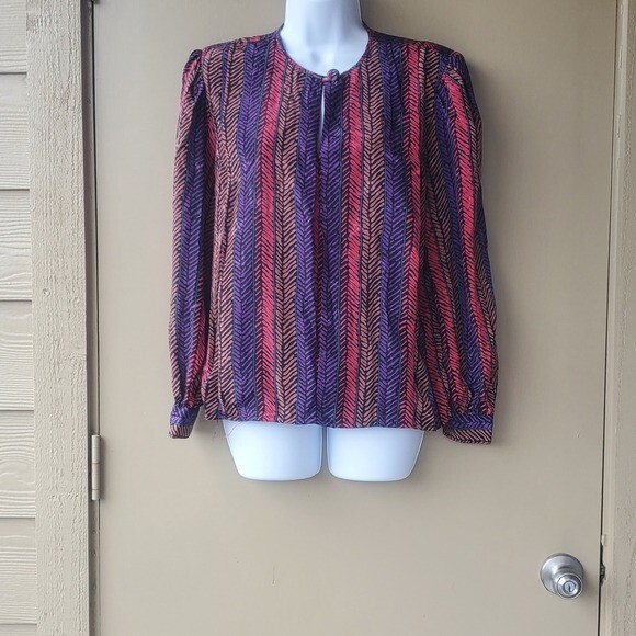 Womens Vintage 1980s Multicolored Striped Dressy Funky Peplum Blouse size 13/14
