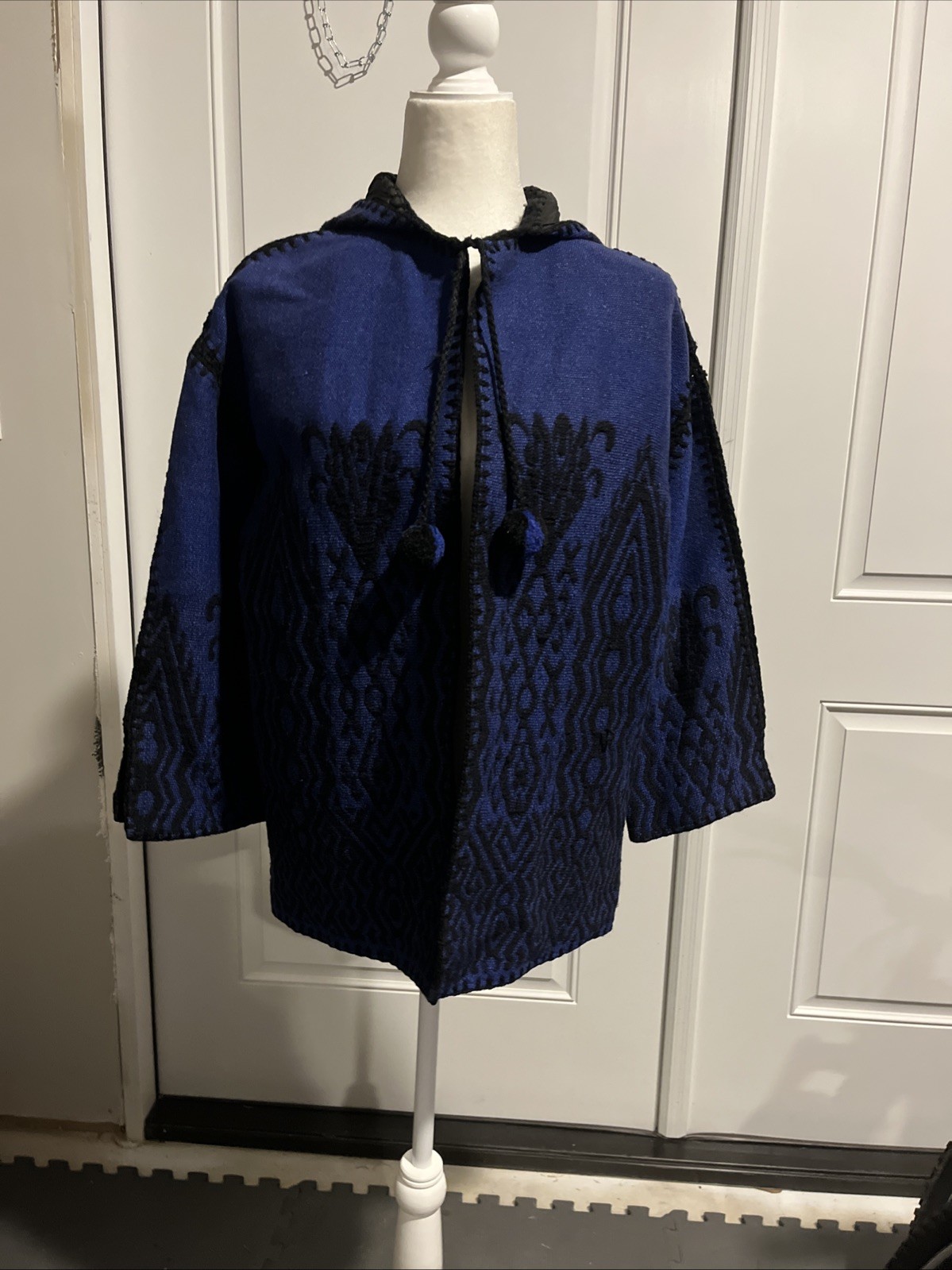 Vintage Woman’s Knit Crocheted Blue & Black Poncho Jacket Wool Cotton Lined