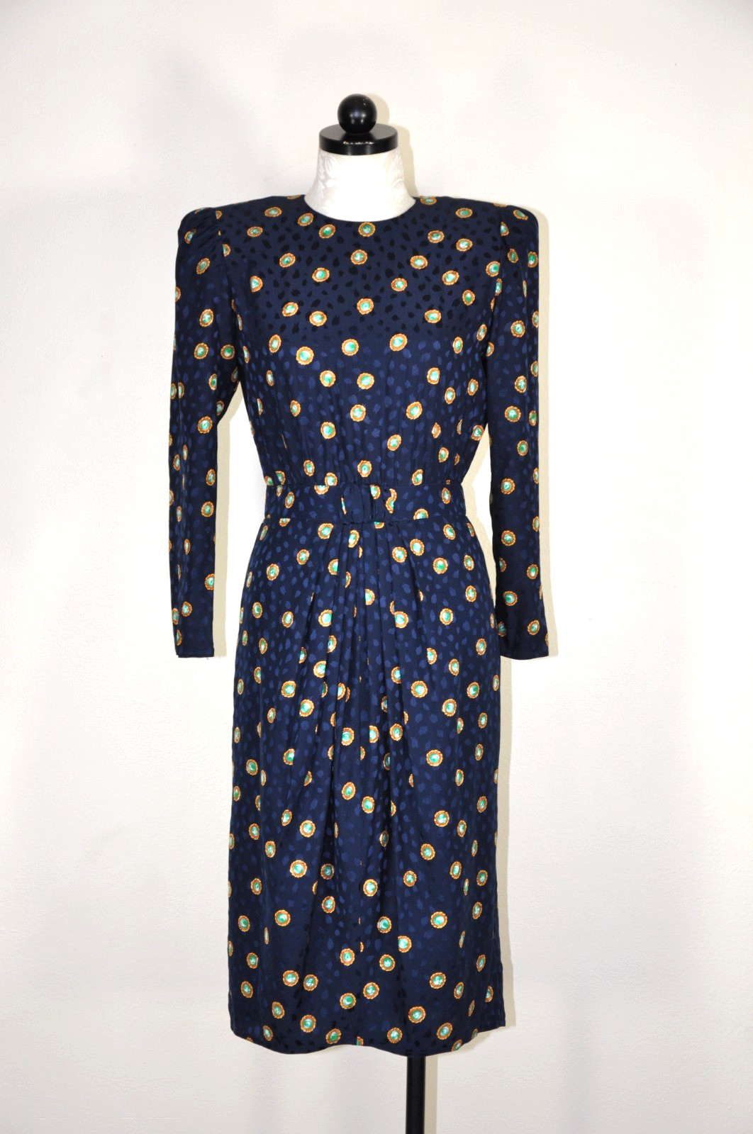 80s Vintage Navy Blue Silk Gemstone Print Puff Sleeve Back Buttons Dress Women S