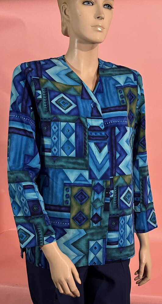VTG N Touch Petites 80’s Women’s Blouse Turquoise Shoulder Pads Geometric