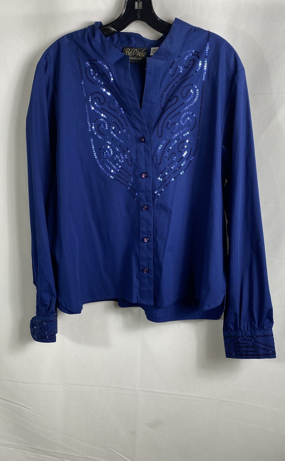 Bob Mackie Women’s Vintage 90s Wearable Art Blue Sequin Scroll Shirt Blouse XL