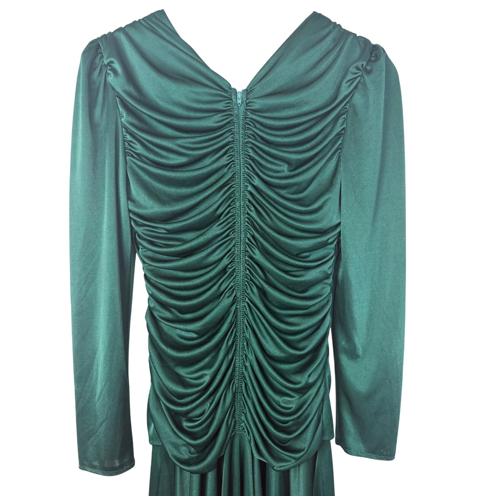 VTG Filigree Ltd Emerald Green Ruched V-Neck Midi Dress 80s Made in USA Size 8