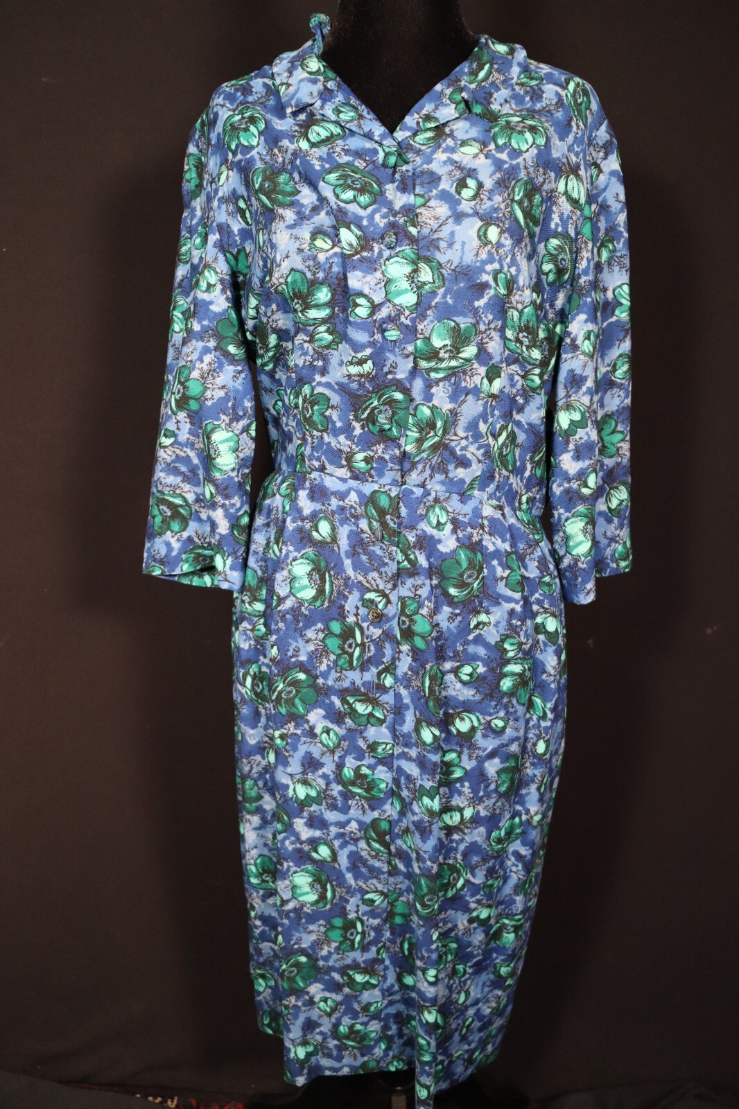 Rare Vintage 1950’s-1960’s Blue Wool Floral Print Dress Size 8-10