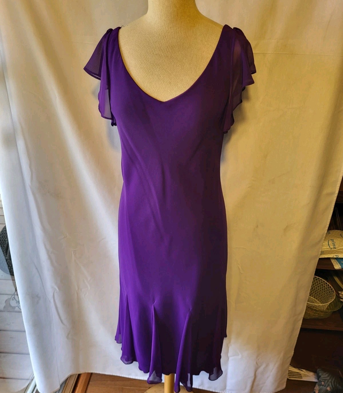 S.L. Fashions Size 12 Chiffon Godet Pleat Butterfly Sleeve Purple Cocktail Dress