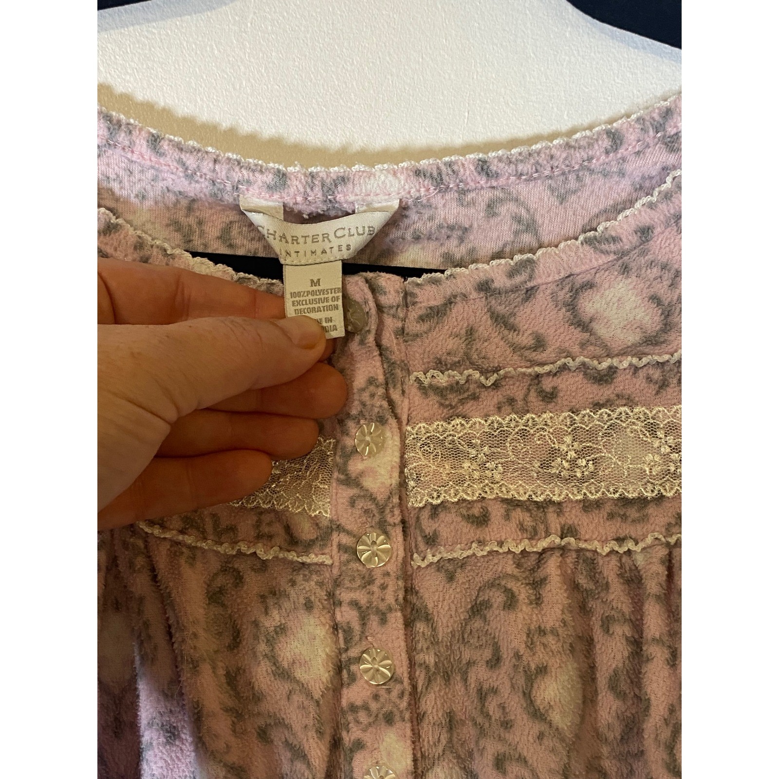 Vintage Grandmacore Pink Flannel Nightgown Lace Trim Button Front Cottagecore M