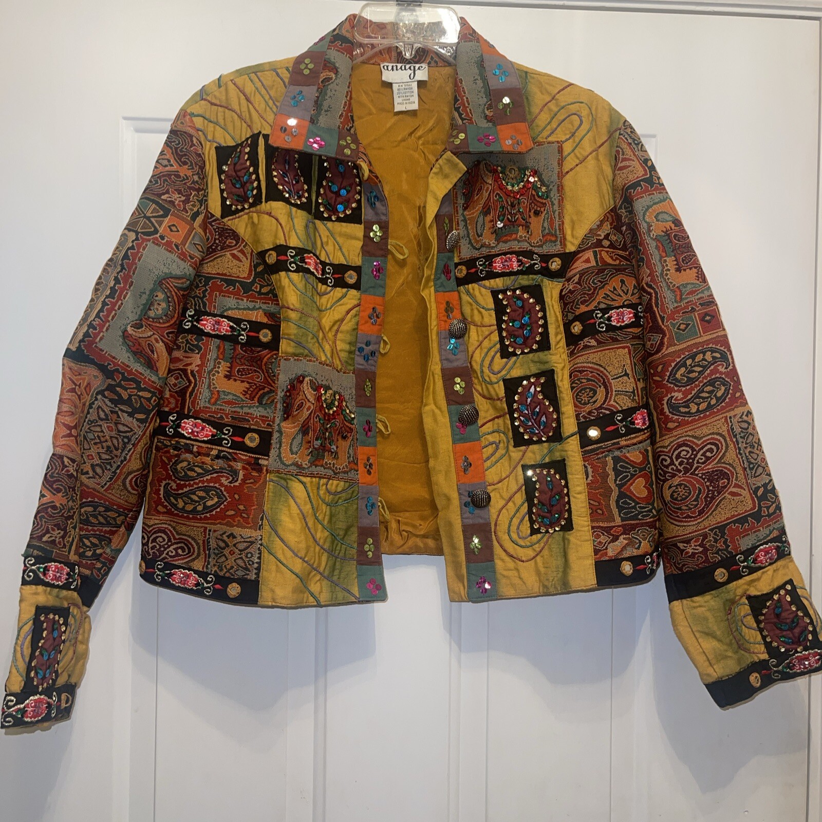 Anage Art To Wear Silk Applique Jacket L Sequined Paisley Boho Festival Vtg