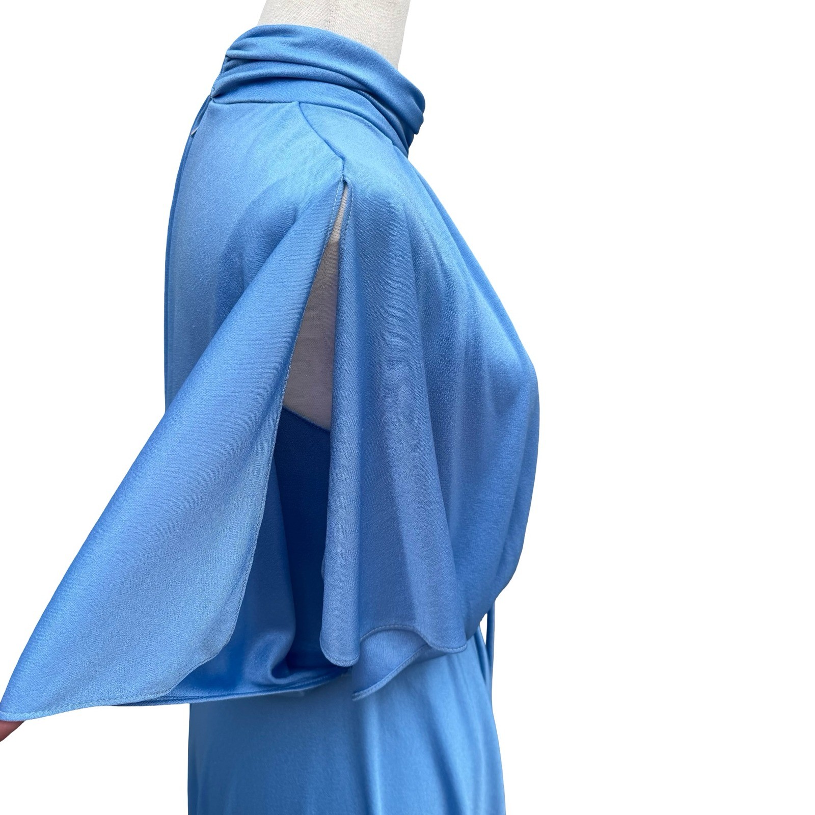 Vintage 70s Blue Mock Neck Cape Sleeve Maxi Dress Disco Gown Tie Waist Blue