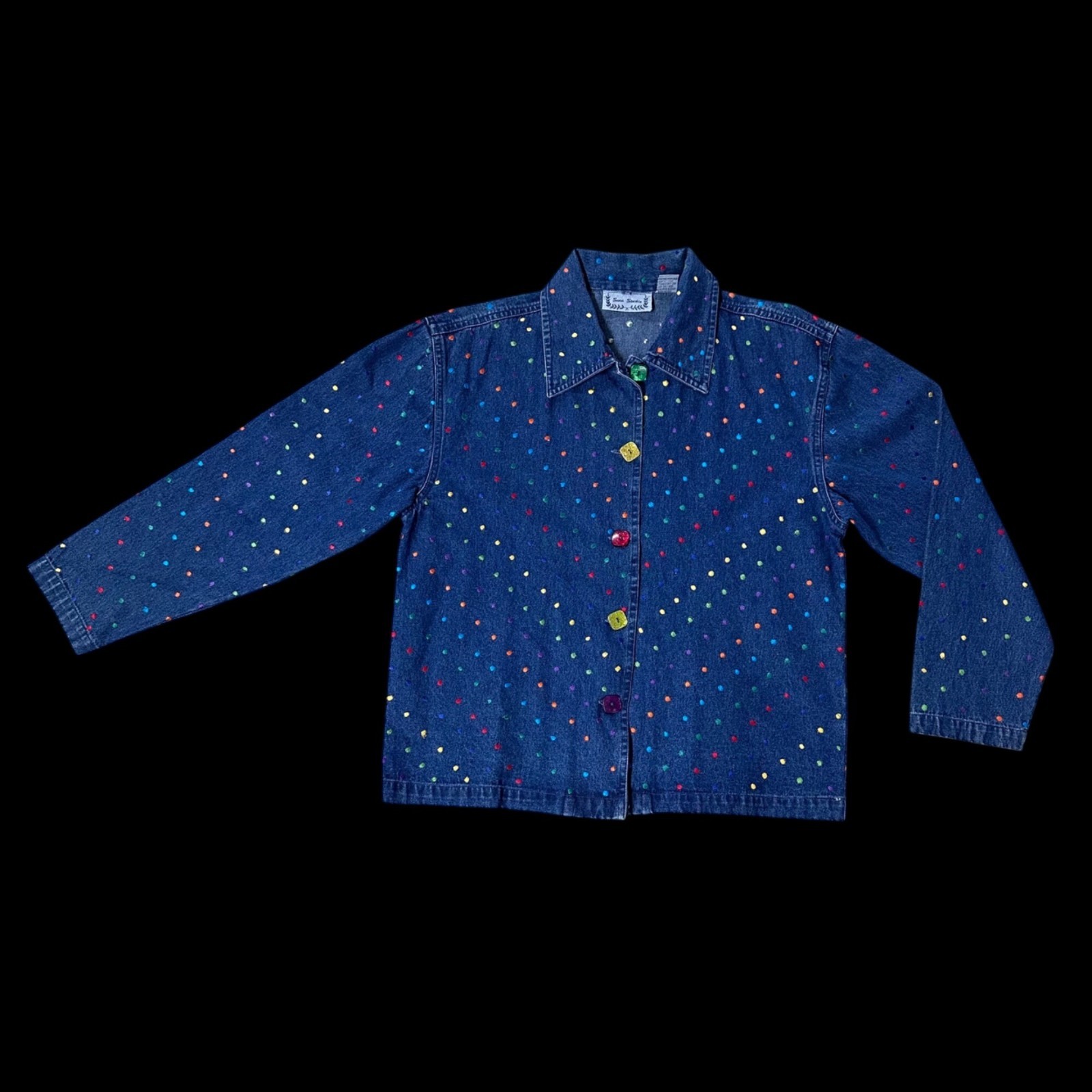 Vintage Denim Shirt Jacket Polka Dot Embroidery Small 1990s Rainbow Button Up