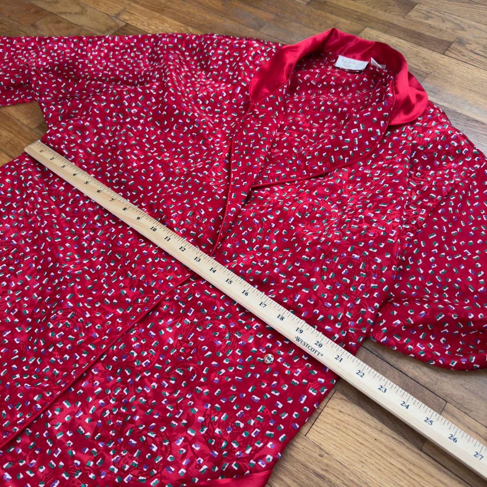 Vtg Victorias Secret Gold Label Red Satin Confetti Floral Robe M L Womens 90s