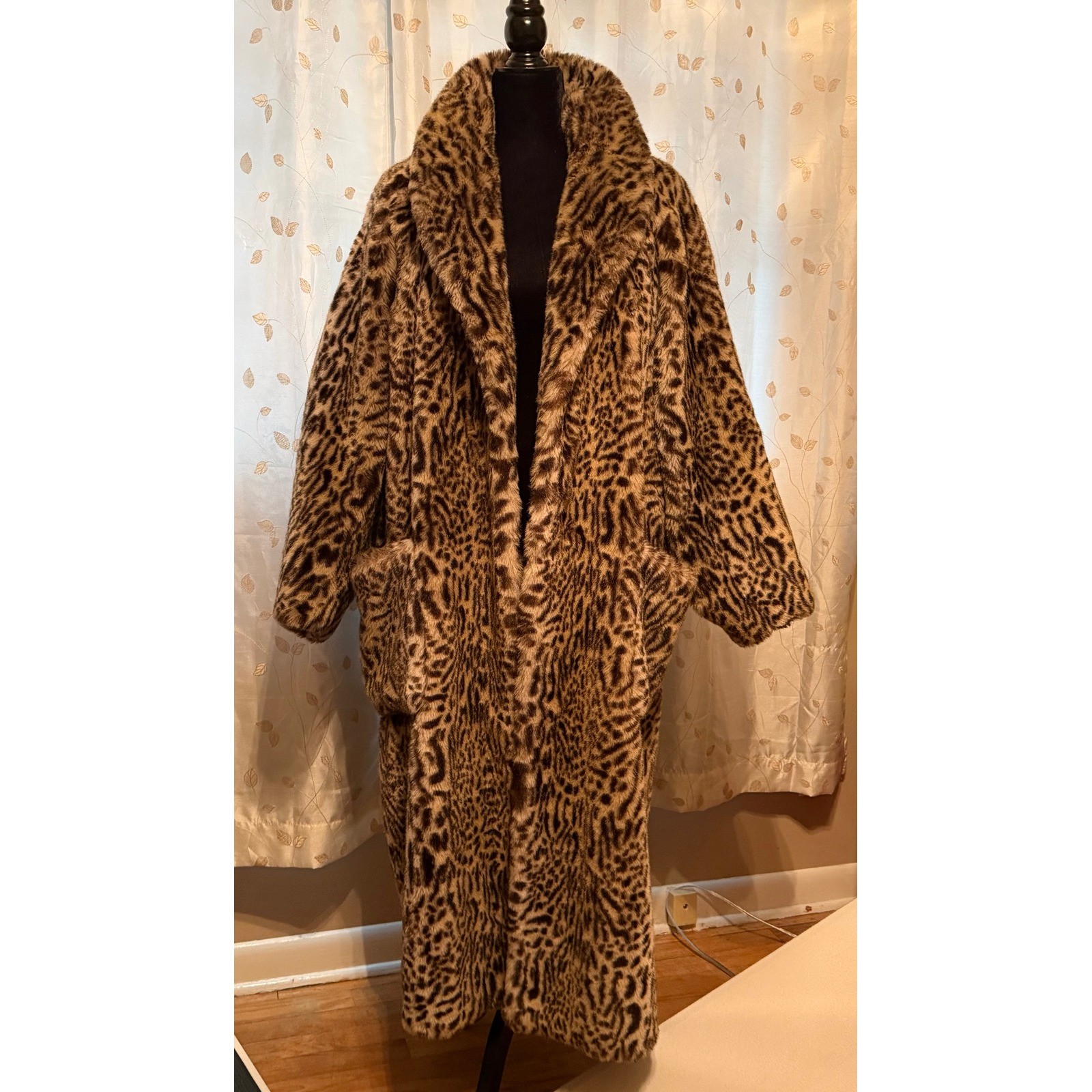 Miss Jackson’s Vintage Leopard Faux Fur Maxi Coat Animal Print Shawl Collar L