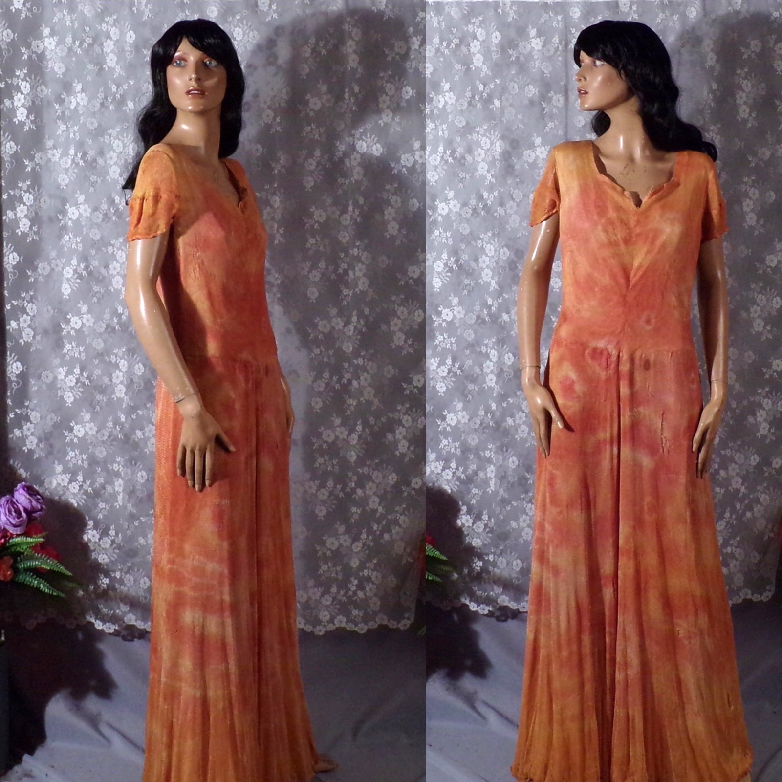 Vintage 60s Orange Tie Dye Maxi Dress Size Medium 1960s Retro Hippie Whimsigoth