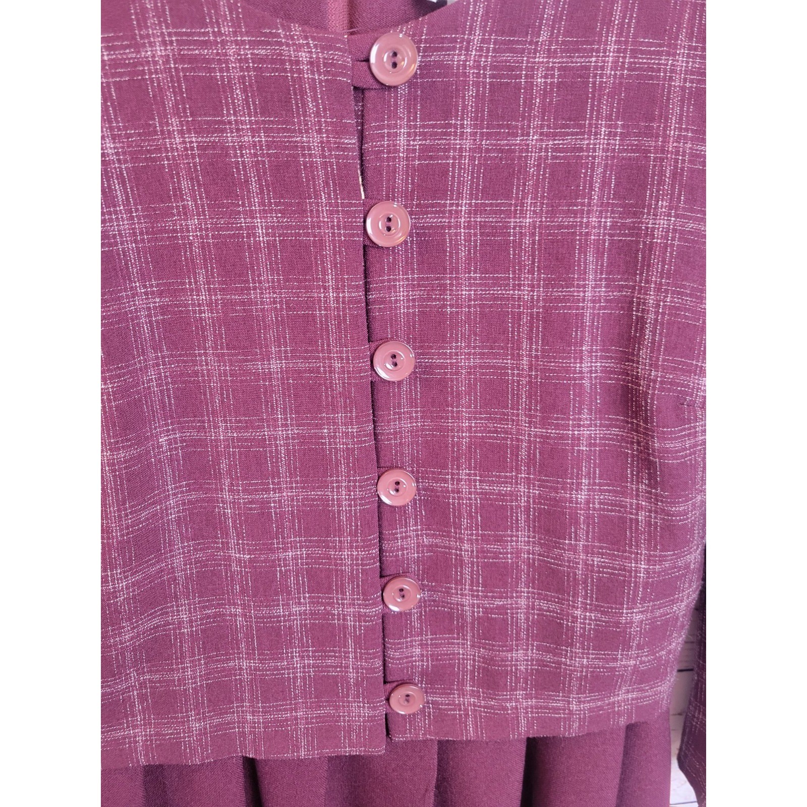 NOS Leslie Belle Dress Vintage 90s Plaid Bodice Midi Career Modest Purple 12P