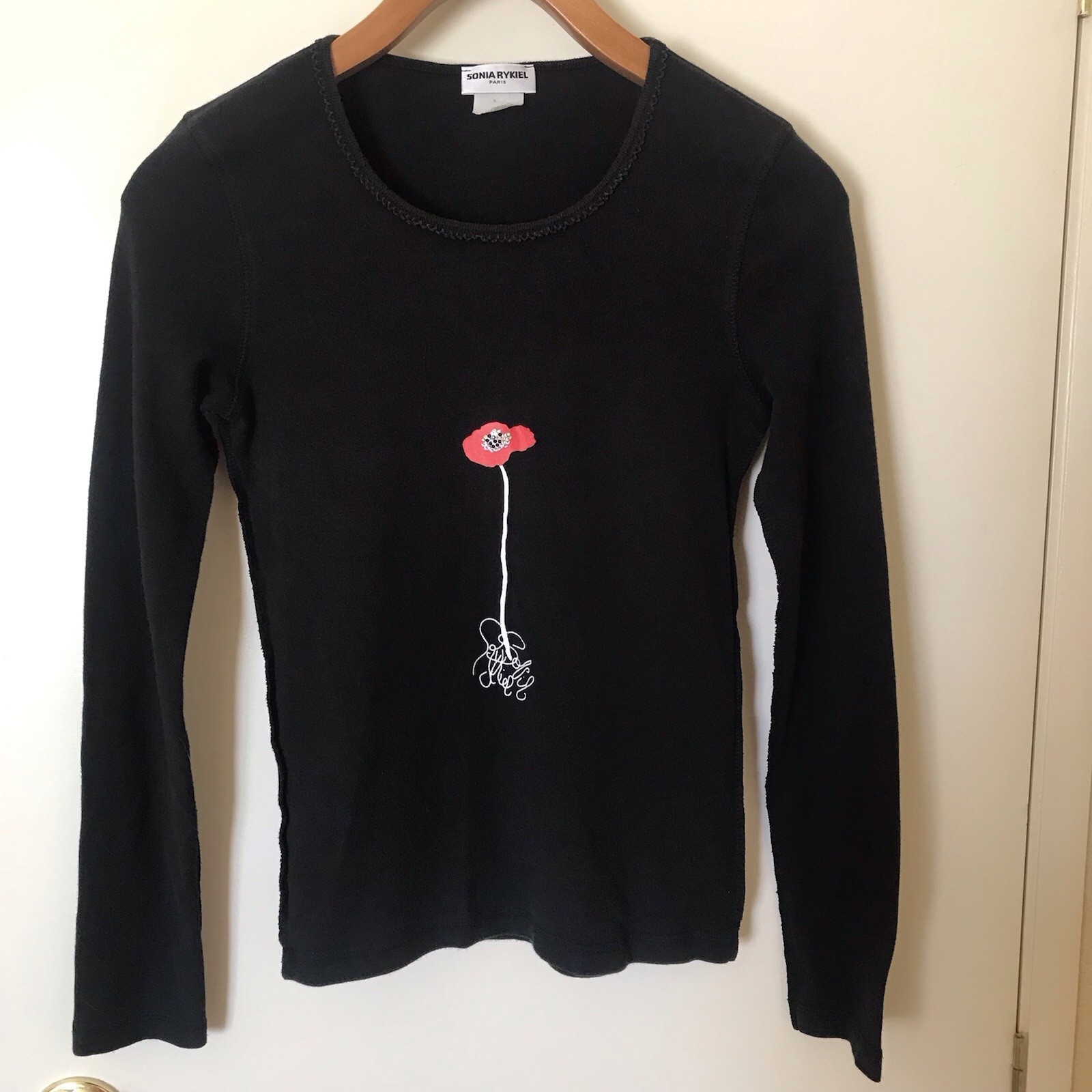 Vintage Sonia Rykiel Black Knit T-Shirt Top Small Embellished Poppy Flower Y2K