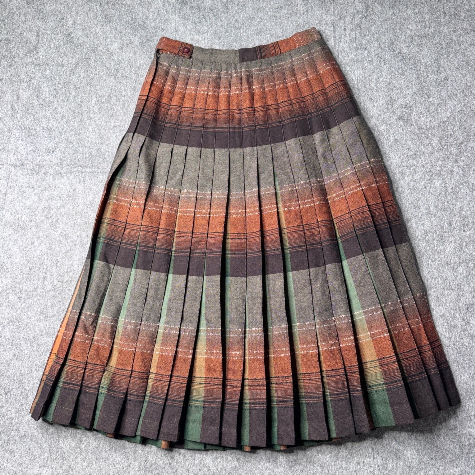 Highland Queen Vintage Reversible Wool Pleated Skirt Rust Green Striped Midi 12