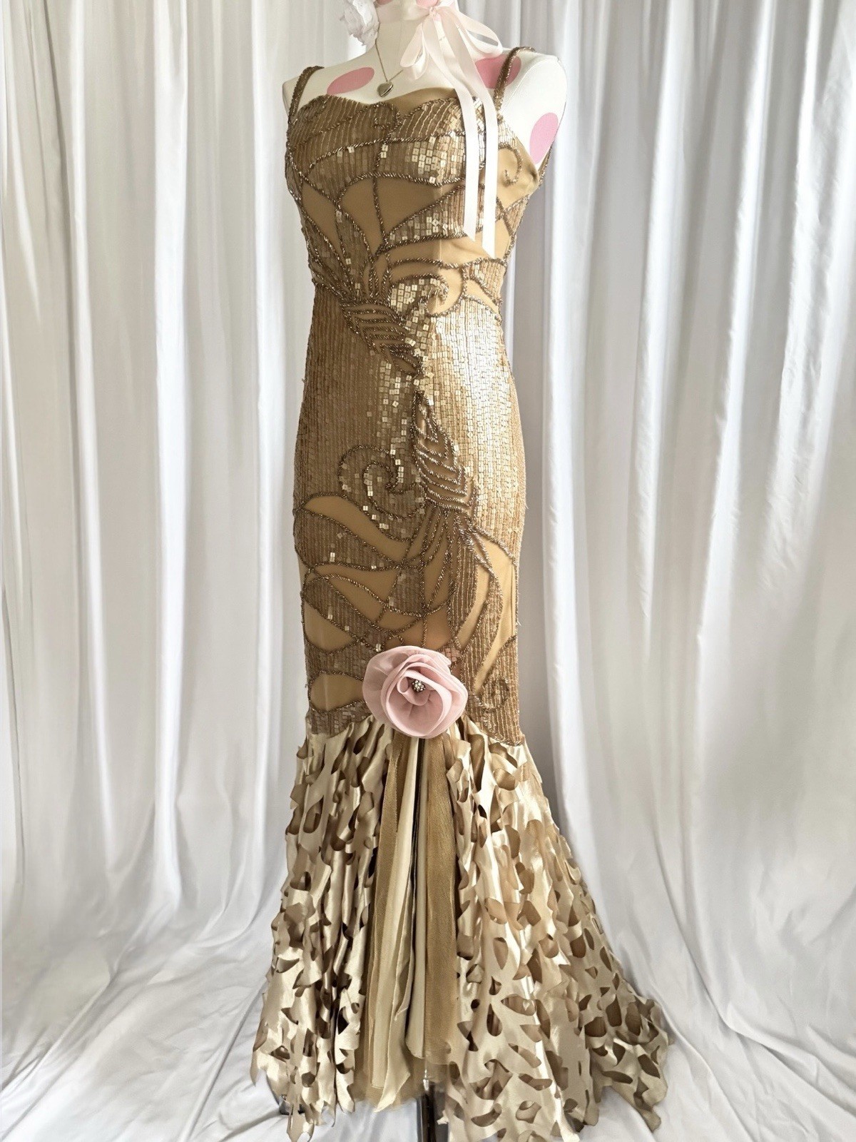 Vintage Gold Fairy Beaded Sequin Ruffle Mesh Vacation Princess Formal Gown Dress