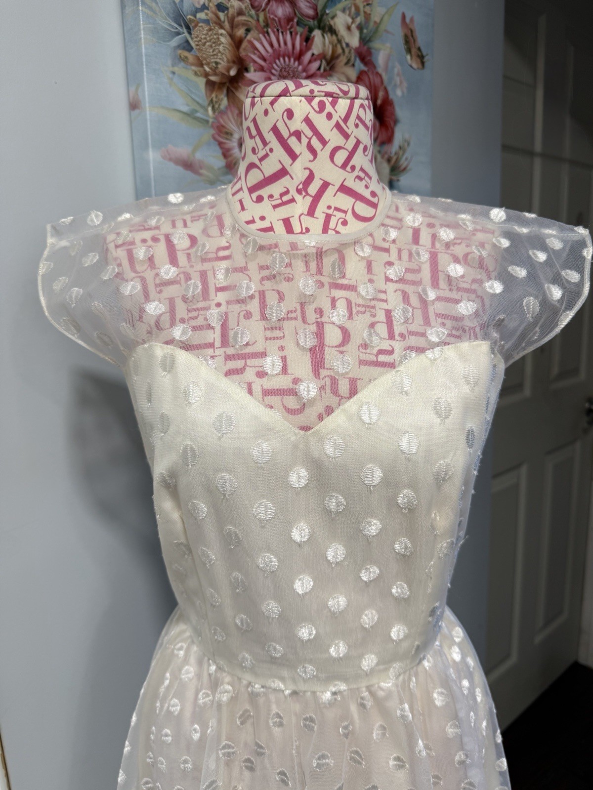 1950s Warren Petites Ivory Polka Dot Tulle Illusion Dress Tea Length Size 6