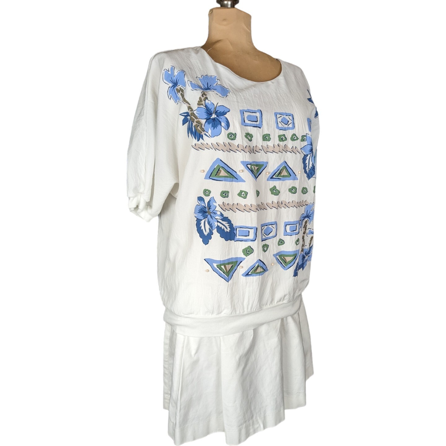 Vtg 80s/90s L/XL White Blue Floral Beaded Banded Waist Top Coastal Granny