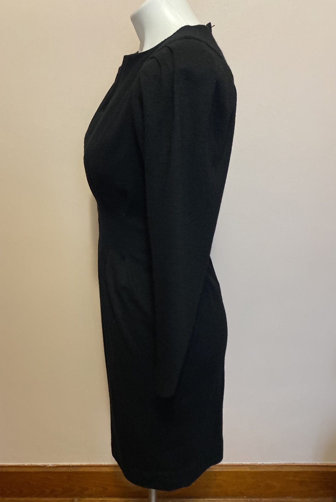 VTG 80s Fosha Long Puff Sleeve Wool Lined Pleated Waist Sheath Dress 4