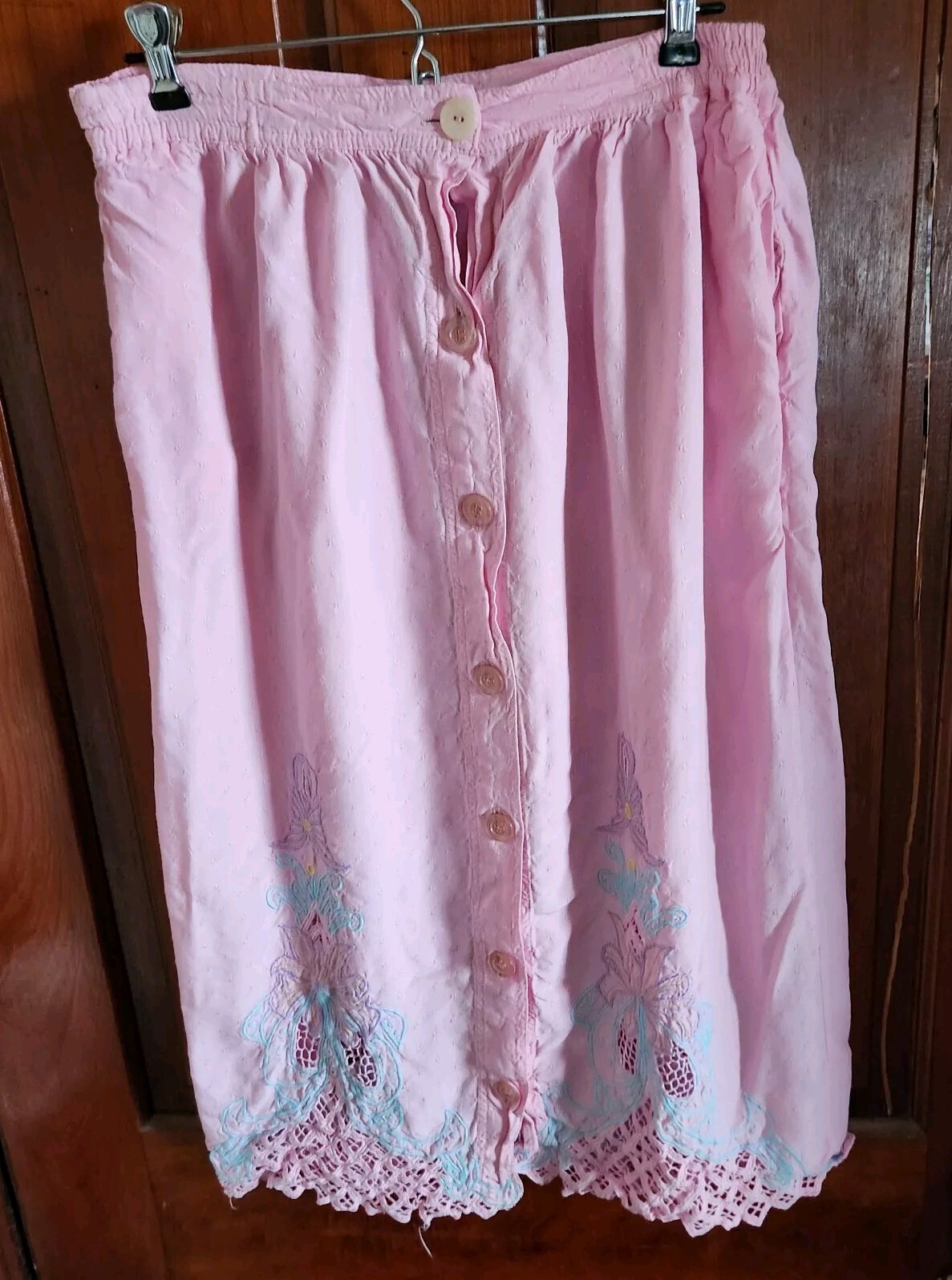 Vintage Pink Phoenix Prairie Skirt Embroidered Flowers Romantic Peasant Eyelets