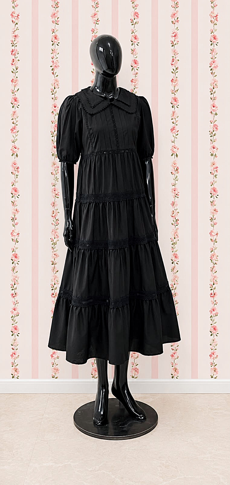 SoieRose 100% Cotton Vintage Cottagecore Black Tiered Maxi Dress – SR-1315