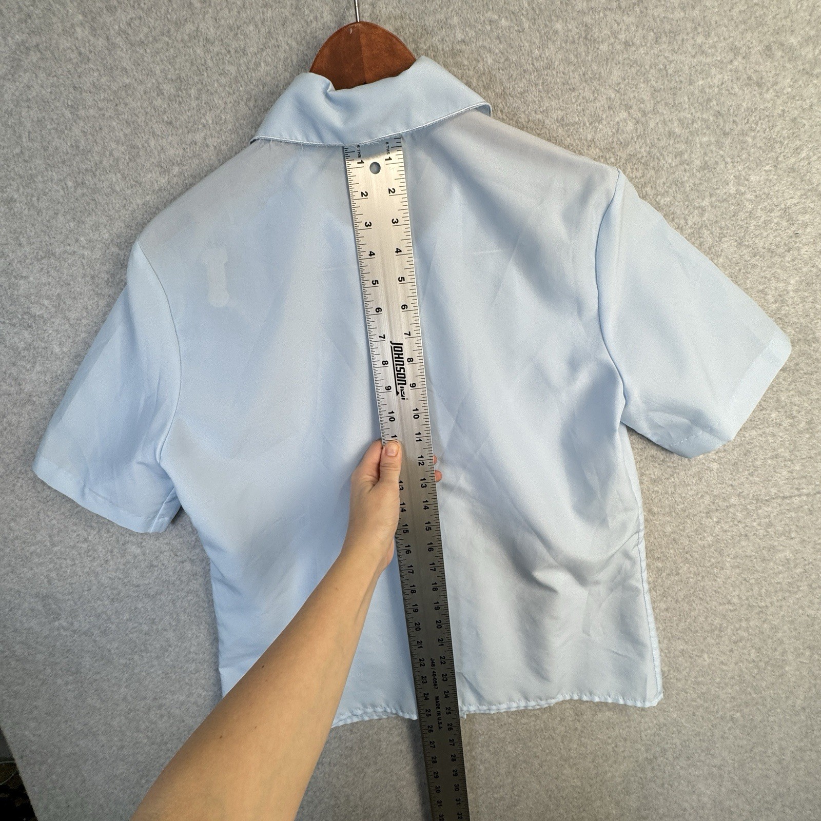 VTG Nikki Size 14 Light Blue Short Sleeve Blouse Eyelet Lace Collar Made in USA