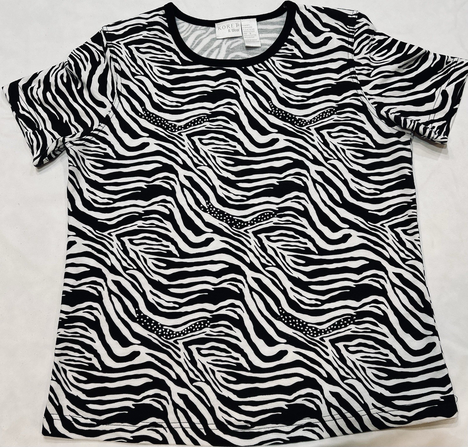 Koret K-Wear Zebra Print Tee S Black White Animal Pattern Studded Accents Top