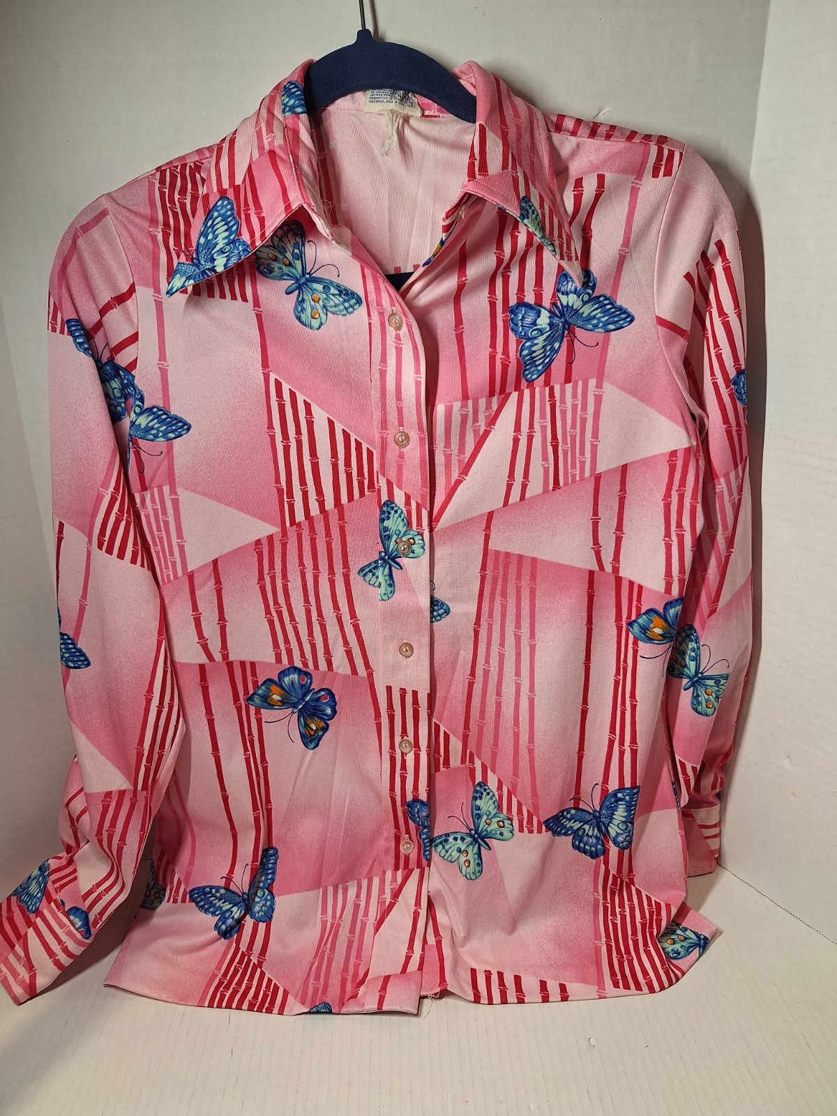 Vintage 1970s Shirt Disco MOD Button Up Womens Hippie Butterfly Graphic Unisex S