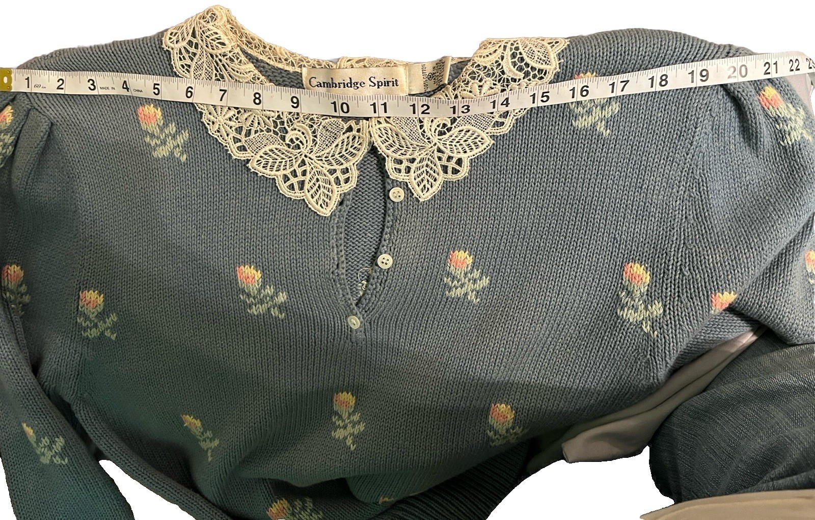 Cambridge Spirit Sweater, Women’s M Blue Floral Lace Grandma Cottage Core Fairy