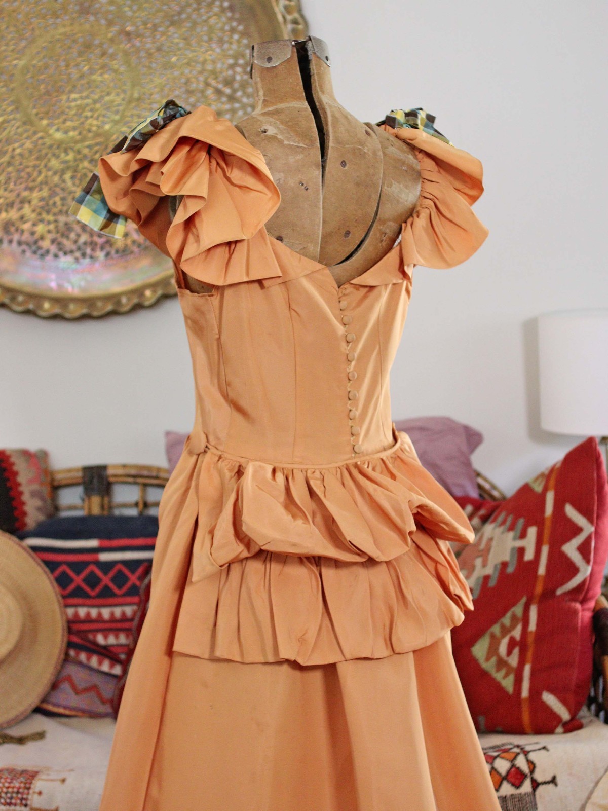 VTG 40s Southern Bell Maxi Gown Dress Ruffle Shoulders Bustle Back Gold Apricot