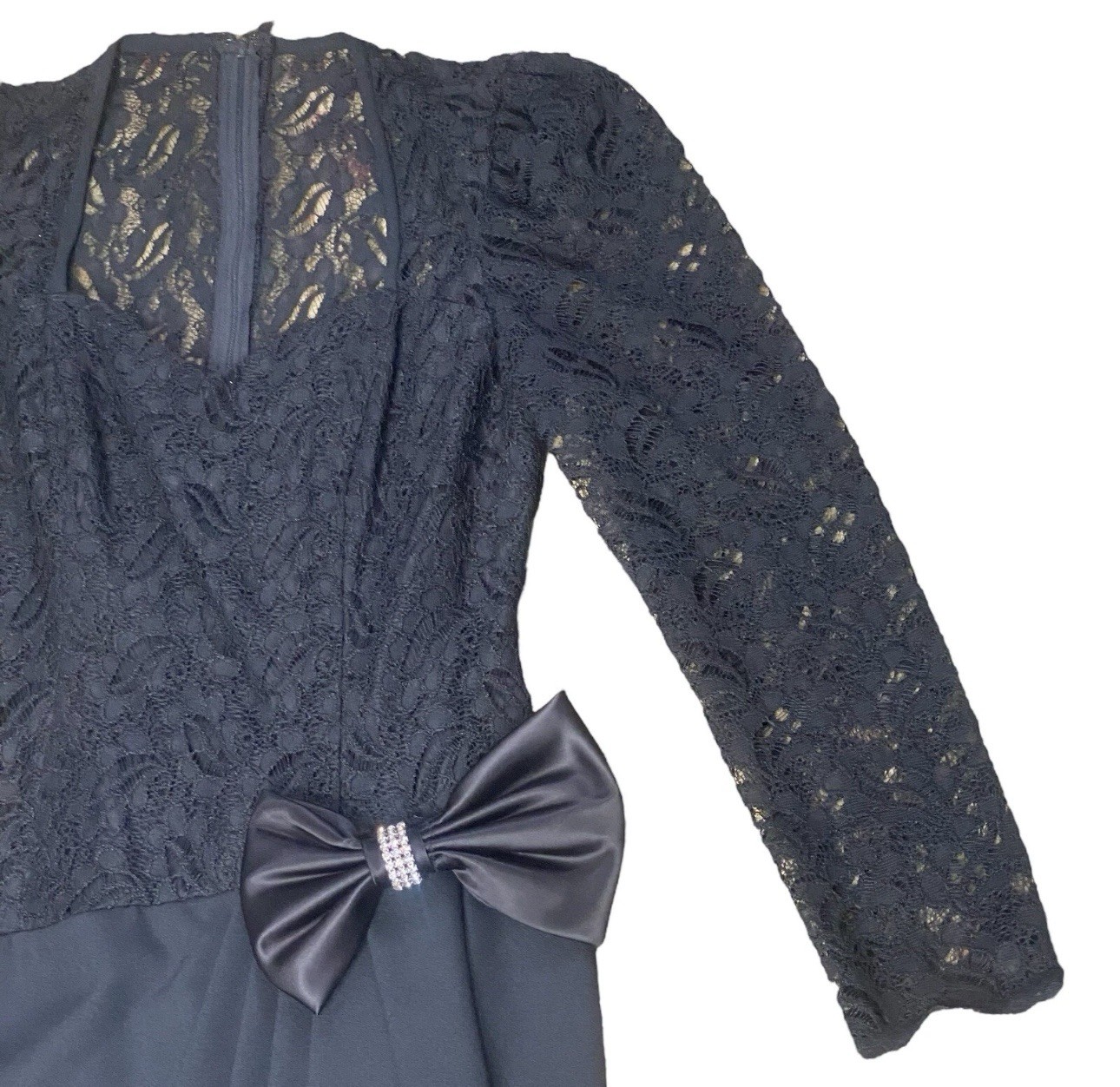 Vtg 1980’s Evenings by Pantagis Dress Black Lace Long Sleeve Rhinestone Bow 9/10