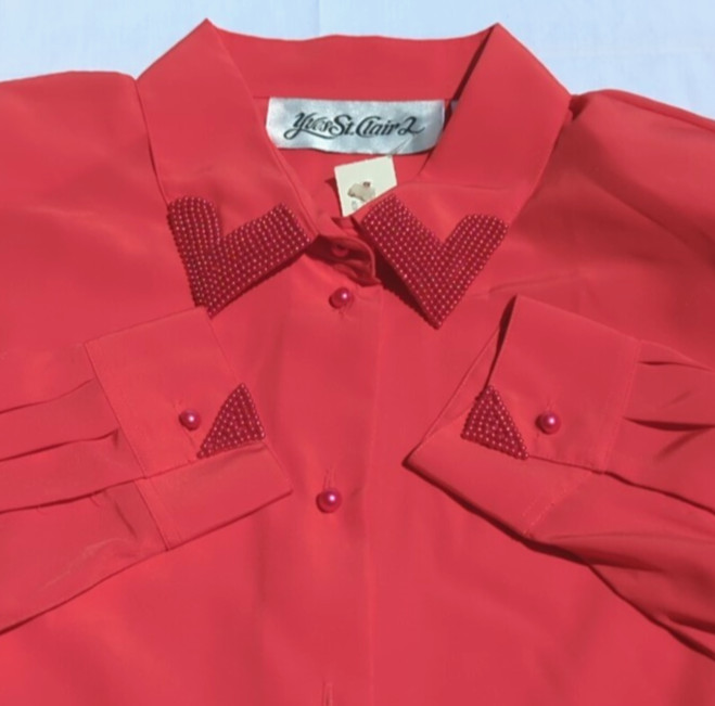 Yves St Clair 2 Red Blouse Decorative Beading Long Sleeve Sz 18W/38 VINTAGE NWT
