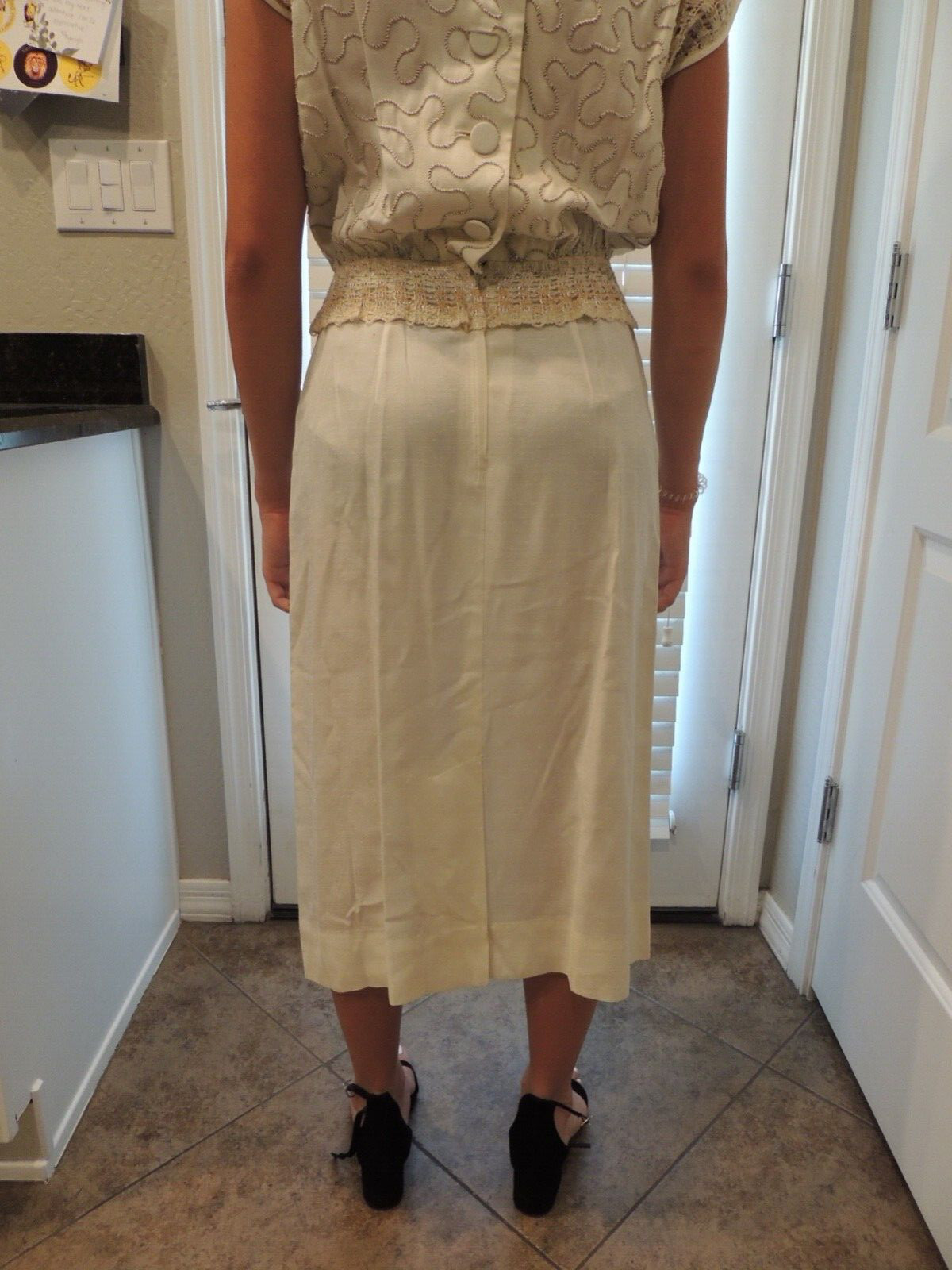 Vintage Paul Sachs Original Dress cream & gold accent fitted button back