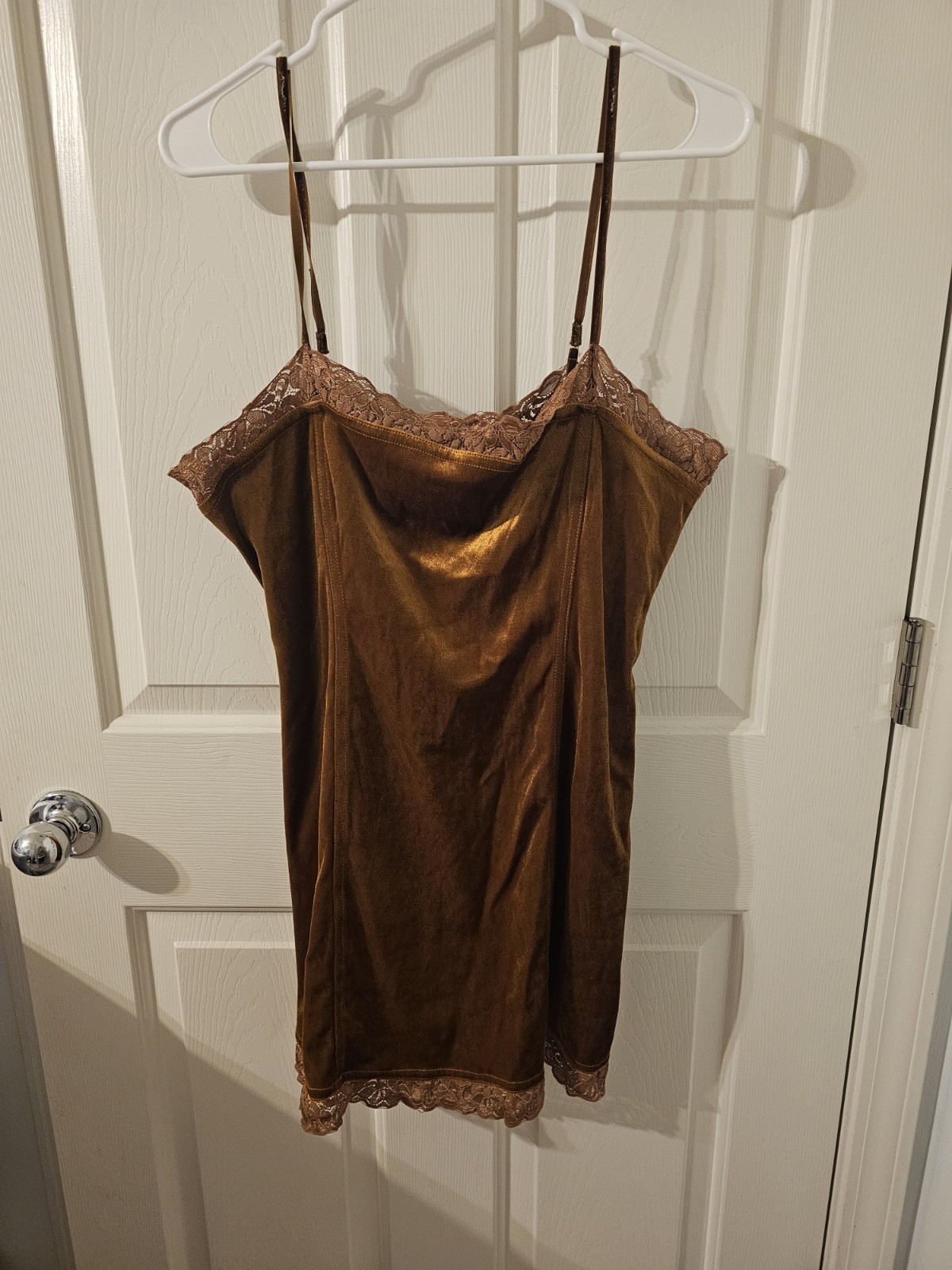 Vintage Vtg Delicates Dark Gold Velvet LingerieChemise Slip Lace Size M