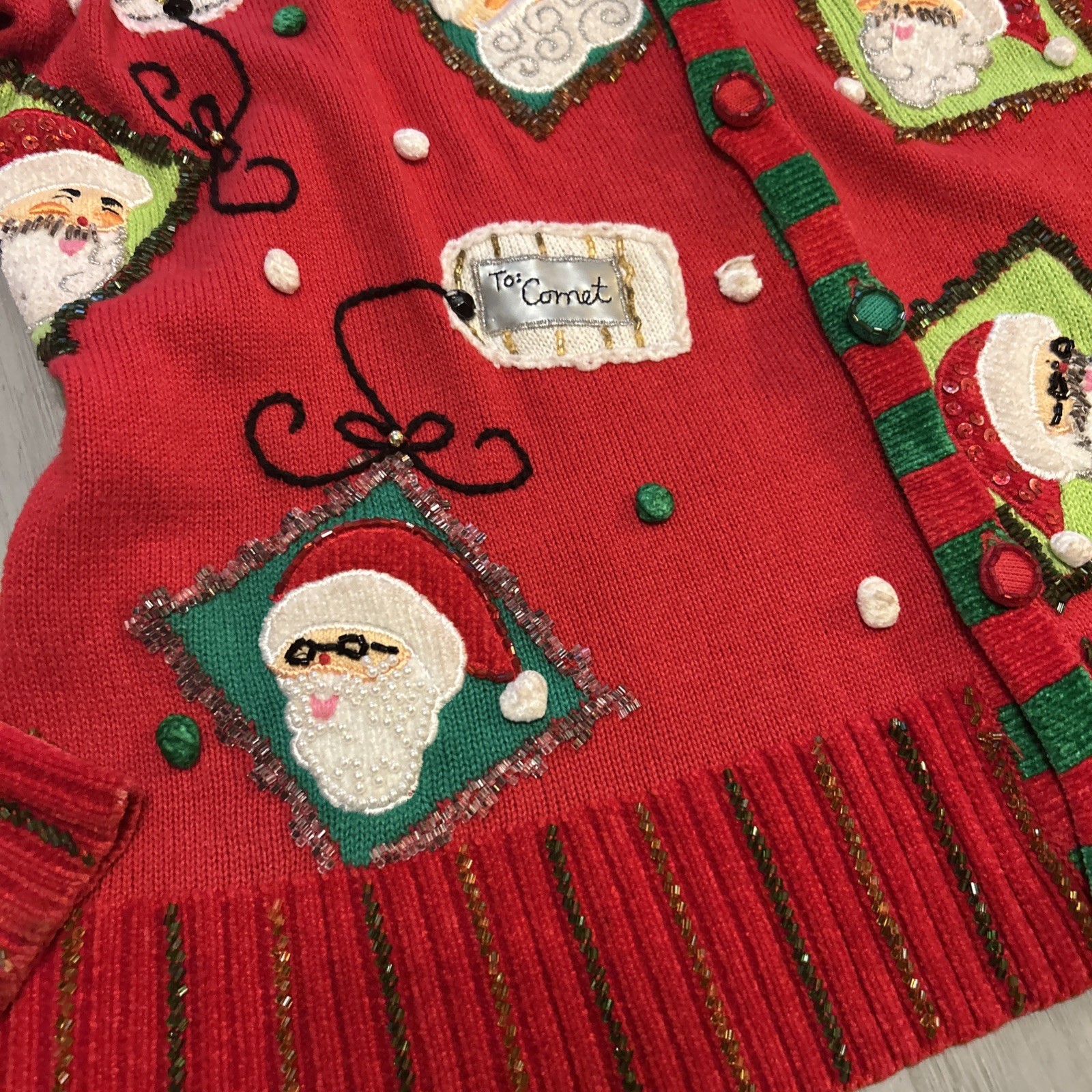 Berek Red Green Christmas Santa Reindeer Gift Tags Beaded Pom Poms Cardigan Sz M