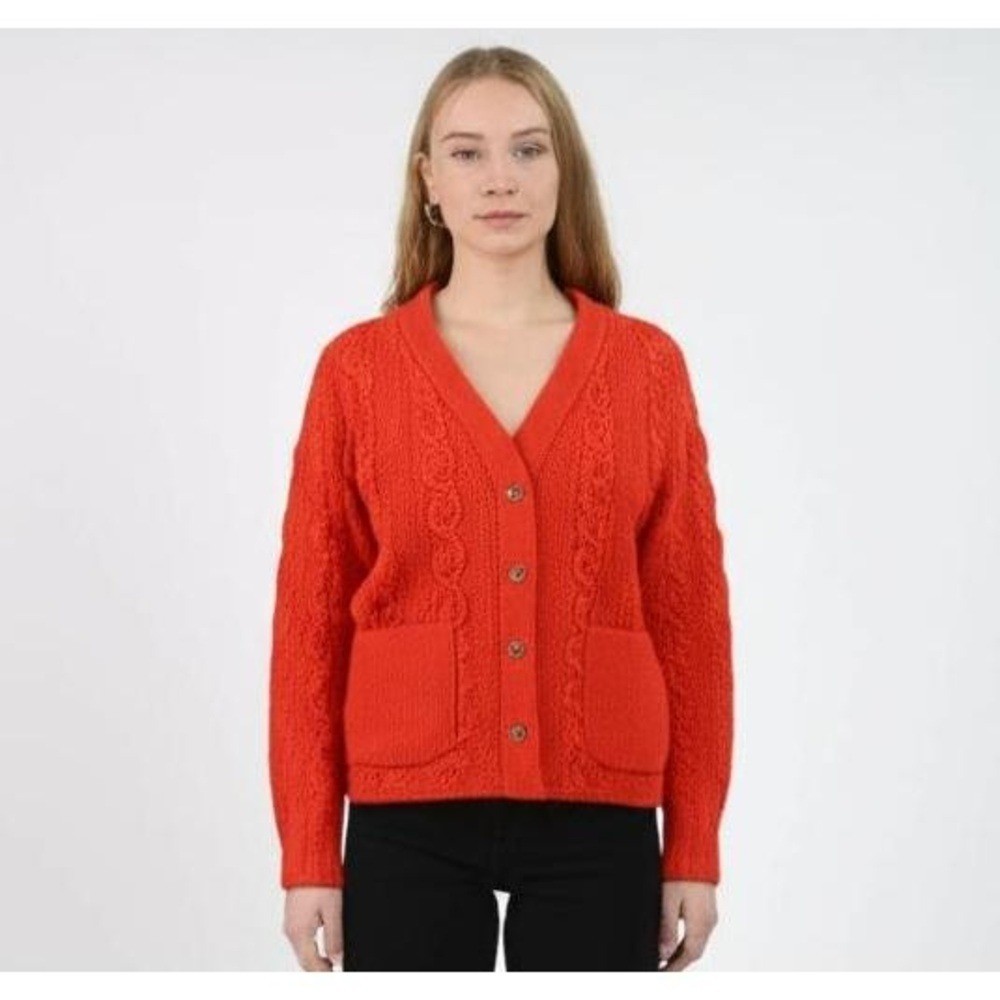 Vintage 60s Cable Knit Orange Cardigan Womens Medium Large Button Regent Street