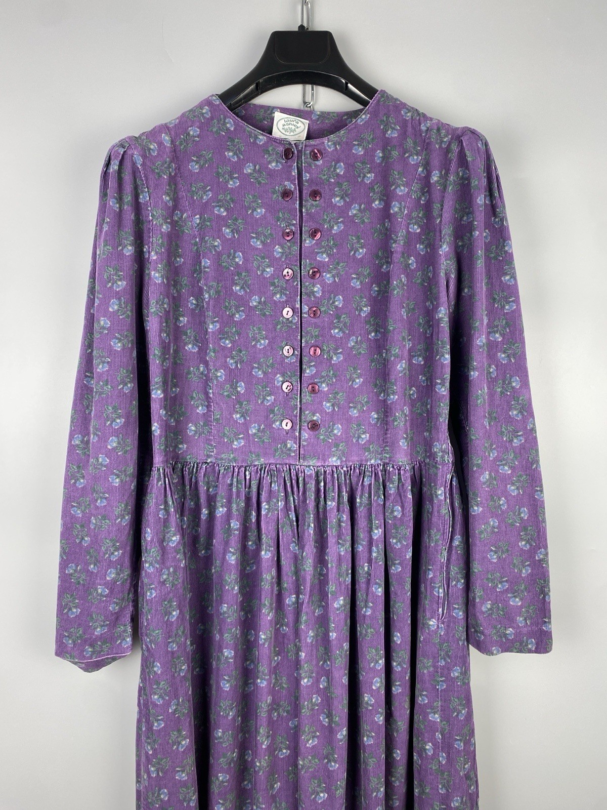 Vintage 80s Laura Ashley Dress Cotton Corduroy Floral Long Sleeve Size M EU 40