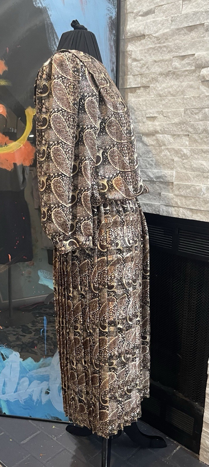 VTG Damon Brown Paisley Pleated Dress Preppy Satin Size 10 Midi 1980s Career