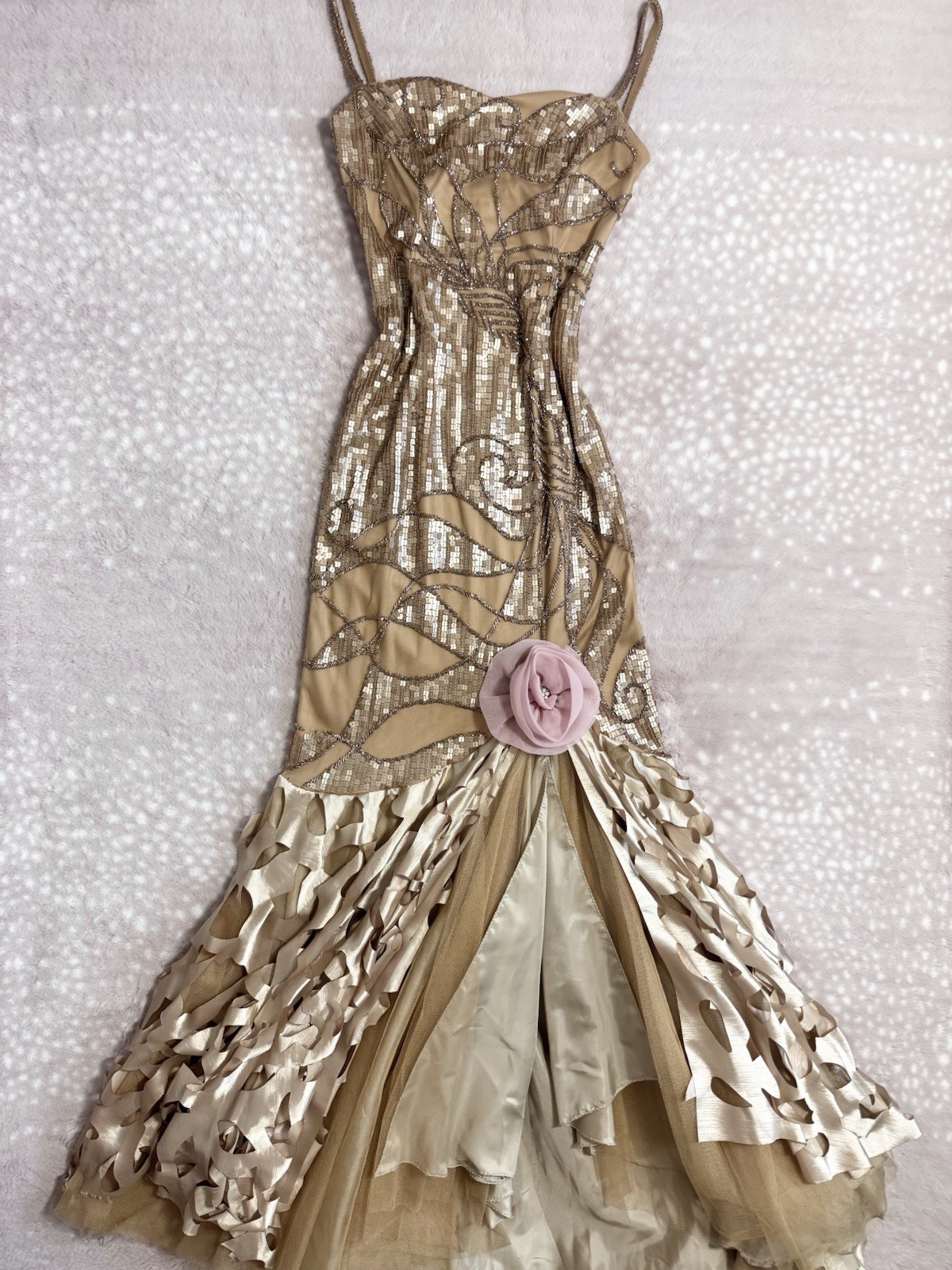 Vintage Gold Fairy Beaded Sequin Ruffle Mesh Vacation Princess Formal Gown Dress