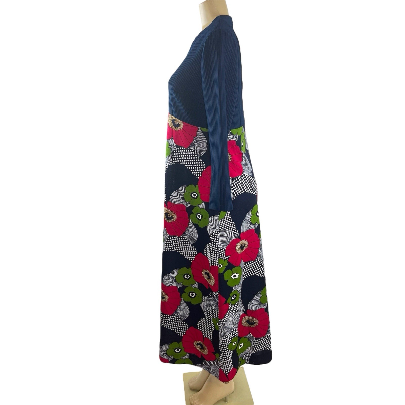 1960s Maxi Dress Vintage Floral Navy Blue Pink Green Hippie Groovy GoGo Eclectic