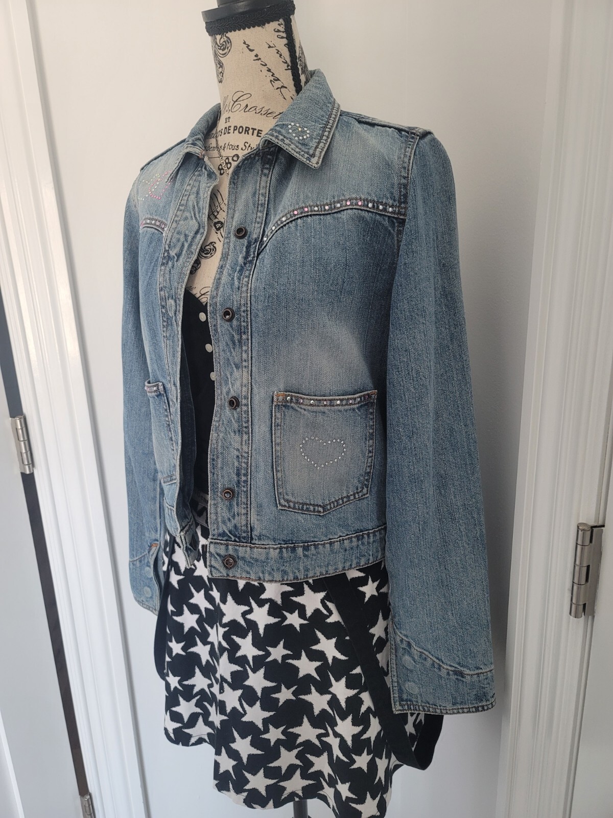 Vintage Y2K Upcycled Redone Custom Bling Gothic Cross Western Jean Jacket Medium
