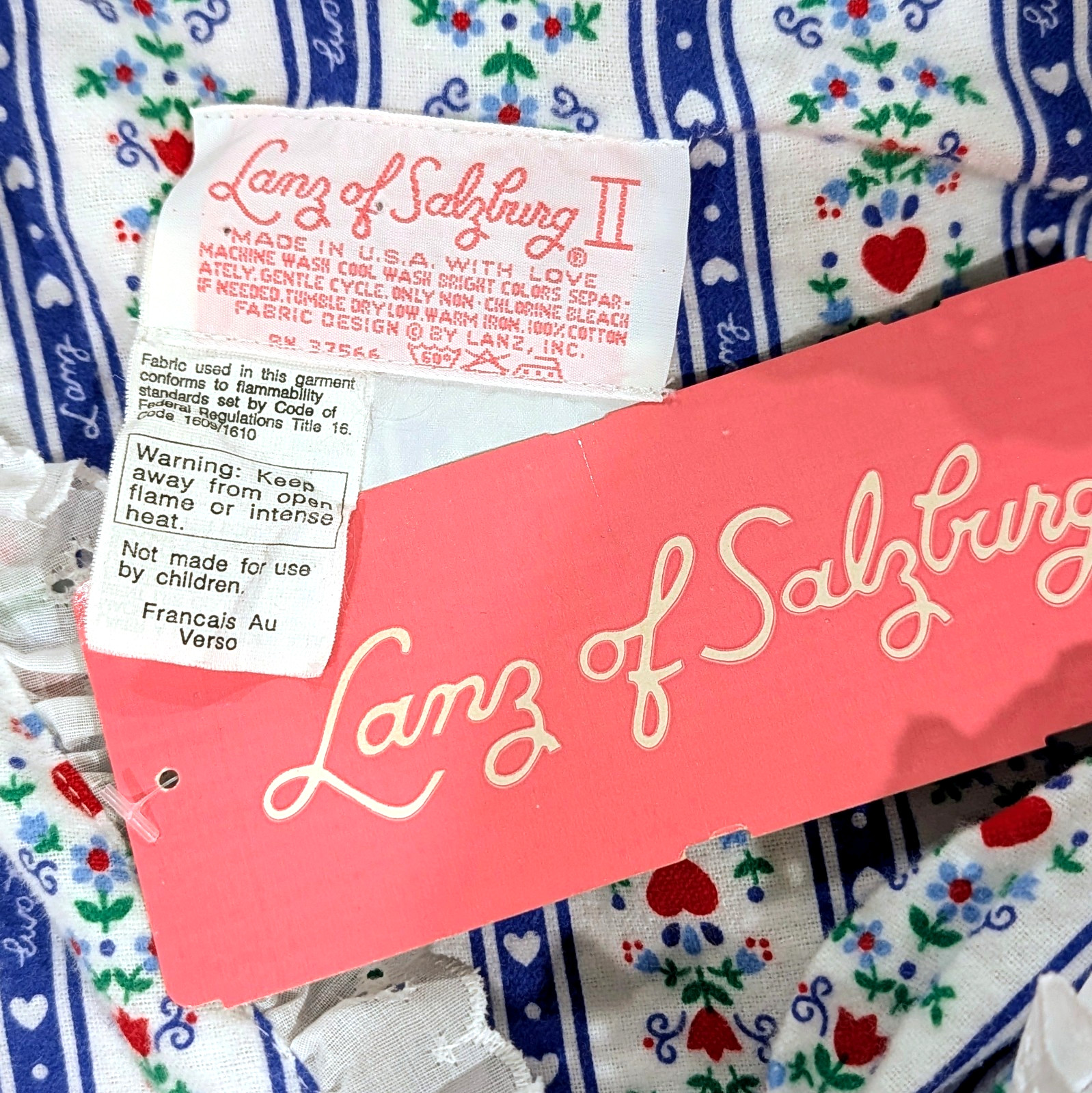 NEW LANZ 2X Tyrolean Hearts Floral Stripe Eyelet Lace 49″ Long Flannel Nightgown