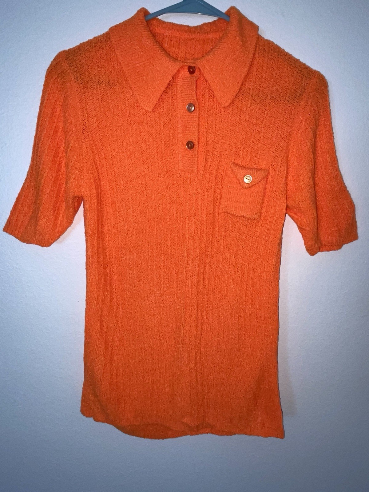 Vintage Handmade Orange Knit Collared Shirt Women’s Retro Short Sleeve Pocket