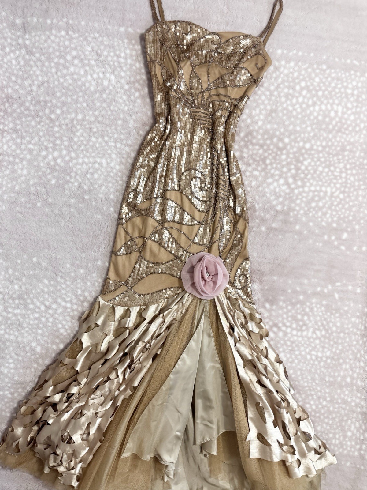 Vintage Gold Fairy Beaded Sequin Ruffle Mesh Vacation Princess Formal Gown Dress