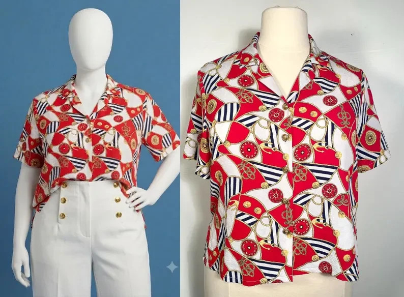 Vintage 80s/90s Plus Size Nautical Rope And Anchor Print Blouse Size XL/2XL