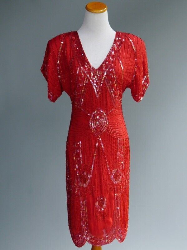 VTG 80s Swee Lo Trophy Wife Dress Red Silk Sequins Heavy Beaded Sexy Open Back S