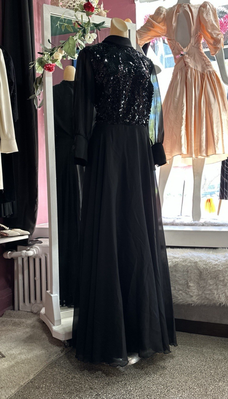 Vintage 60s 70s Formal Maxi Evening Hostess Dress Black Sequins Modest M/L